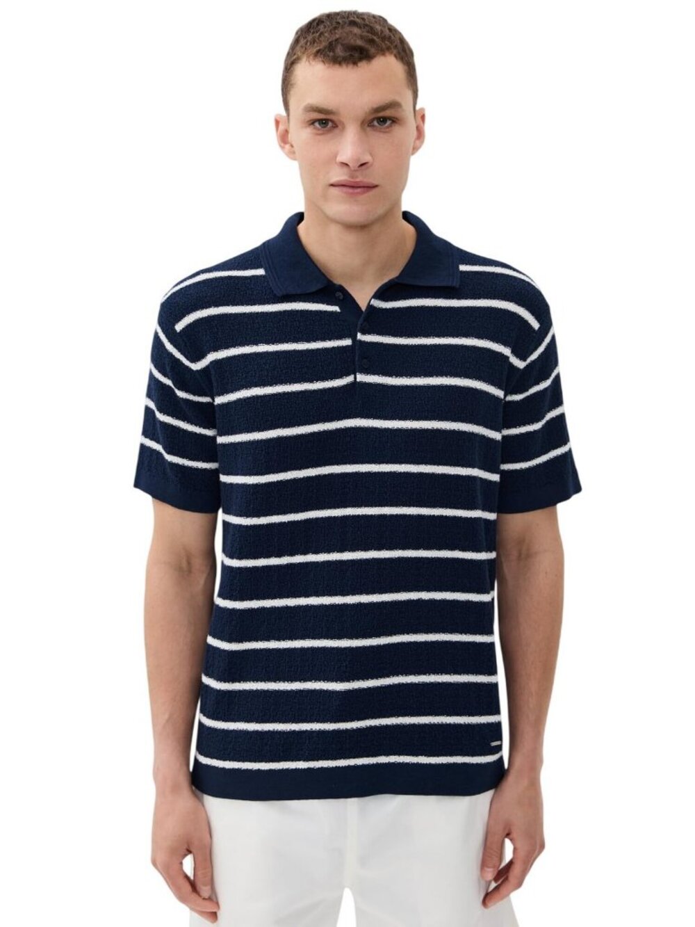 NWT Simkhai Mens Calum Silk Blend Textured Polo Shirt Midnight Stripe Blue L